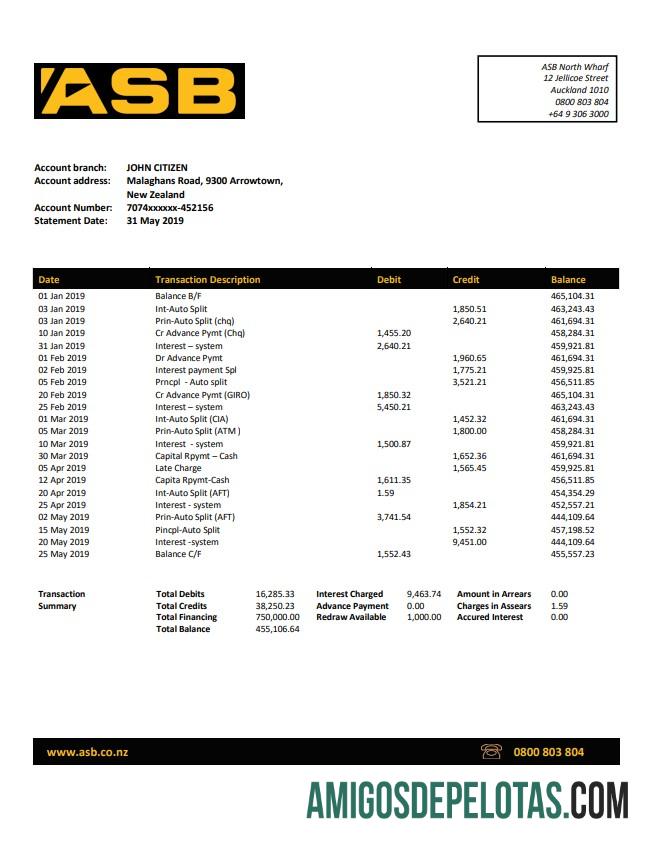 Exemplo de extrato bancário ASB da Nova Zelândia